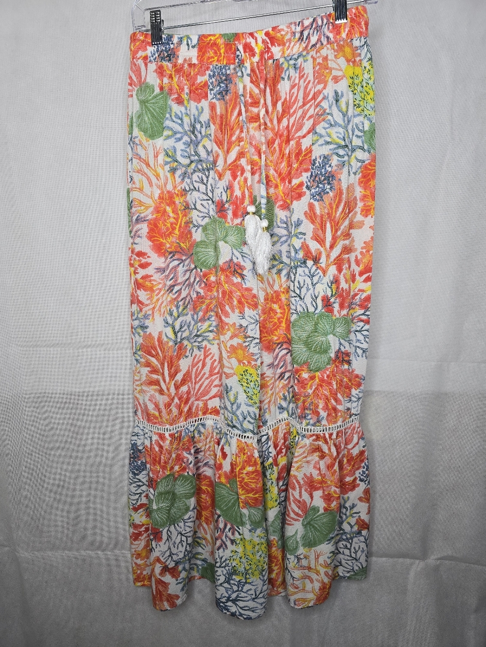 True Destinations Tropical Print Rayon Pants Tassel Waist Boho Resort M